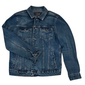 Mens Classic Blue Denim Trucker Jacket Large 21MEN Cotton Button Front Workwear